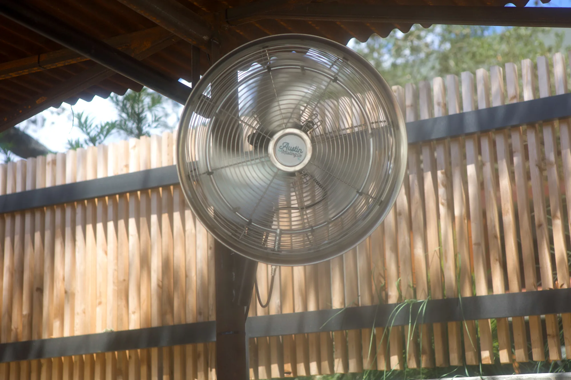 Closeup of an Austin Misting Company misting fan