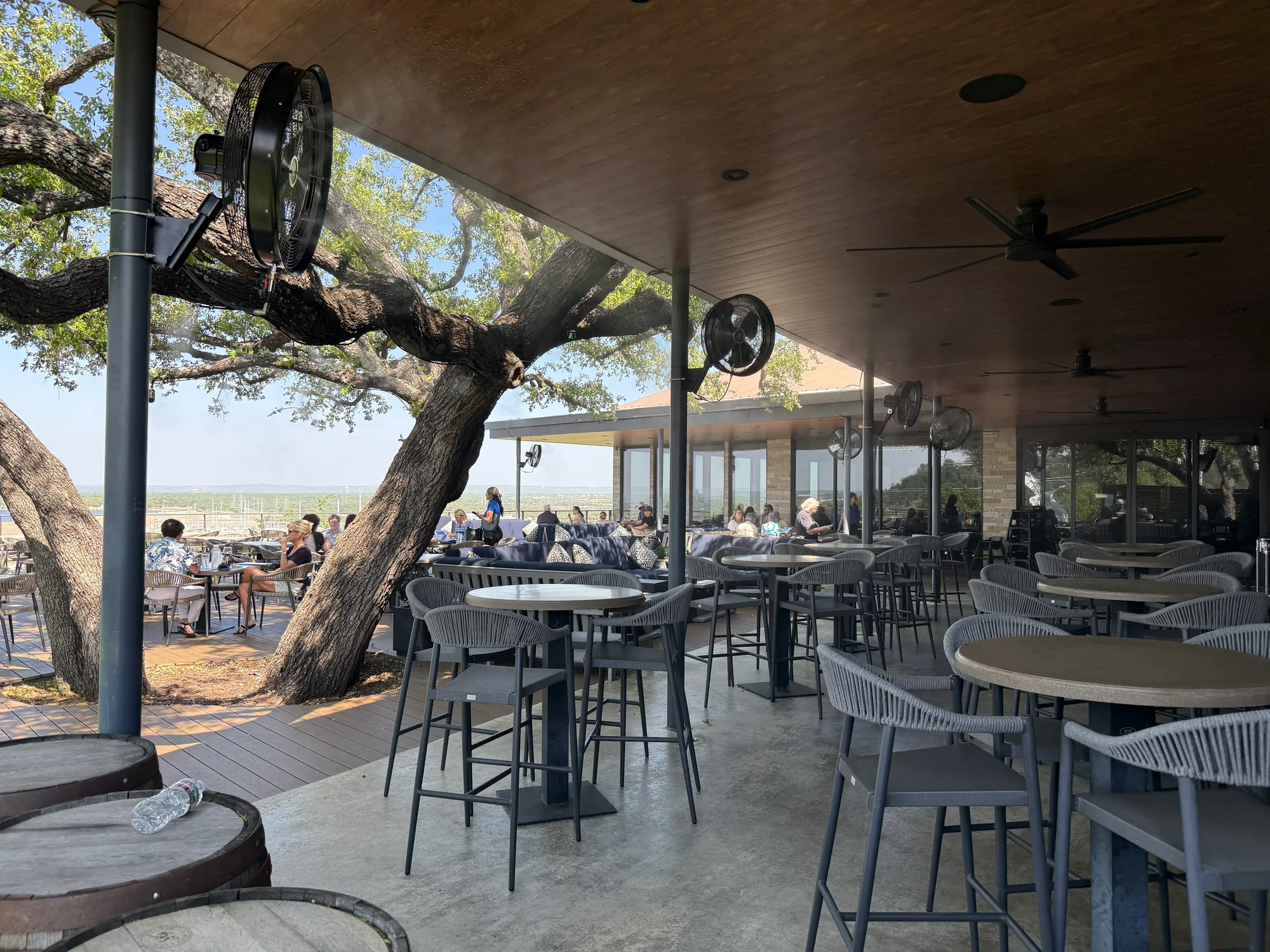 Hill Country restaurant patio with misting fans