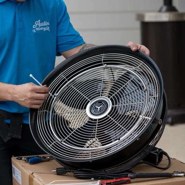 Friendly installer working on a misting fan installation