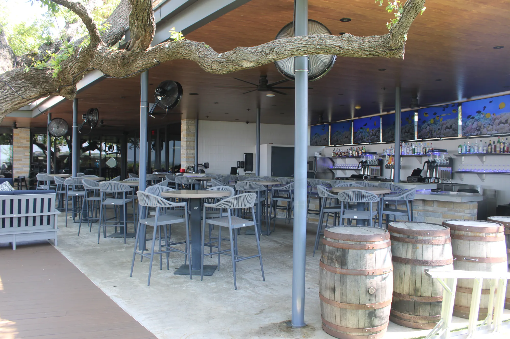 Rooftop bar seating under an oak tree with misting fans